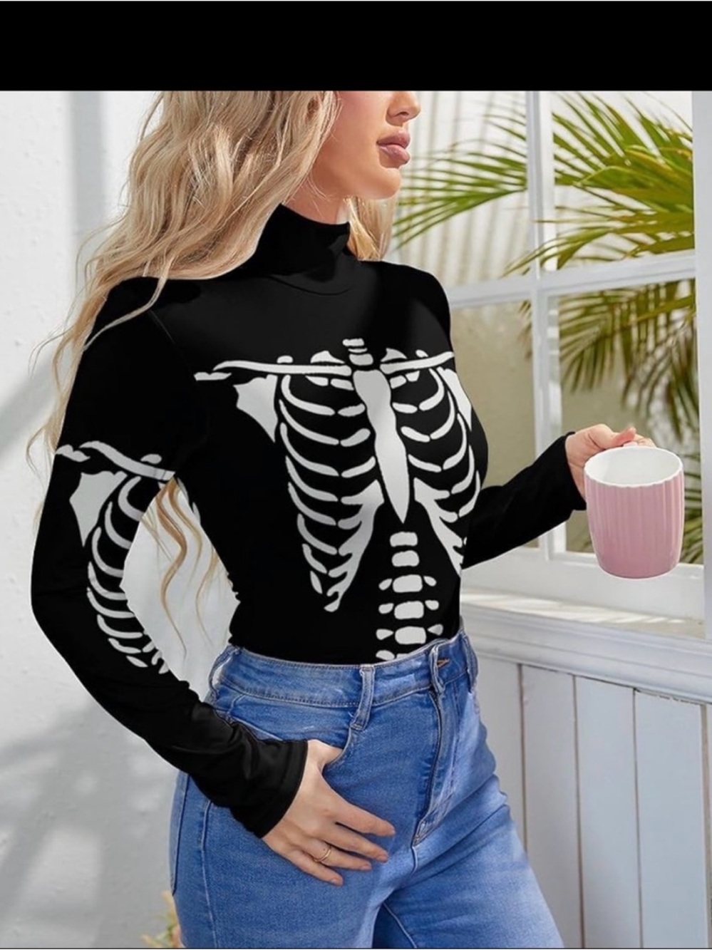 SHEIN Black Long-Sleeve Skeleton Print Turtleneck Top